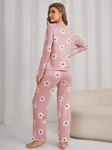 Conjunto de pijama con estampado floral de camiseta y pantalones, ropa de otoño e invierno - Rosa Pálido - Ver 2