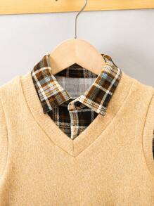 SHEIN 男小童字母貼布背心上衣&格紋襯衫&保暖長褲