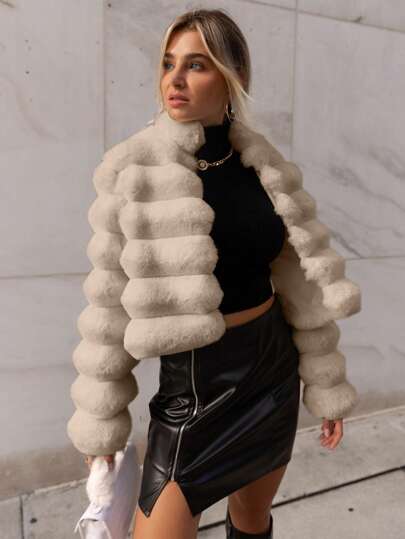 Firerie Going Out Solid Open Front Crop Fuzzy Coat, Winter, Elegant, Business , Casual, Furry, Faux Fur, Long Sleeve
