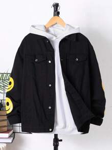 SHEIN 青少年男孩卡通圖案翻蓋細節牛仔夾克