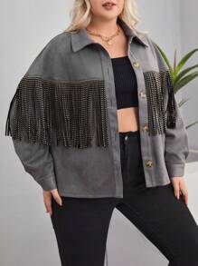 SHEIN LUNE Plus Fringe Trim Drop Shoulder Suedette Jacket - Grey - View 1