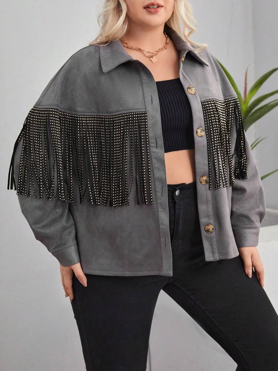 SHEIN LUNE Plus Fringe Trim Drop Shoulder Suedette Jacket - Grey - View 1