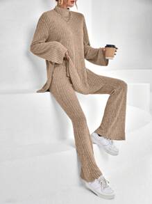 SHEIN Essnce Mock Neck Split Hem Tee & Flare Leg Pants - Camel - View 1