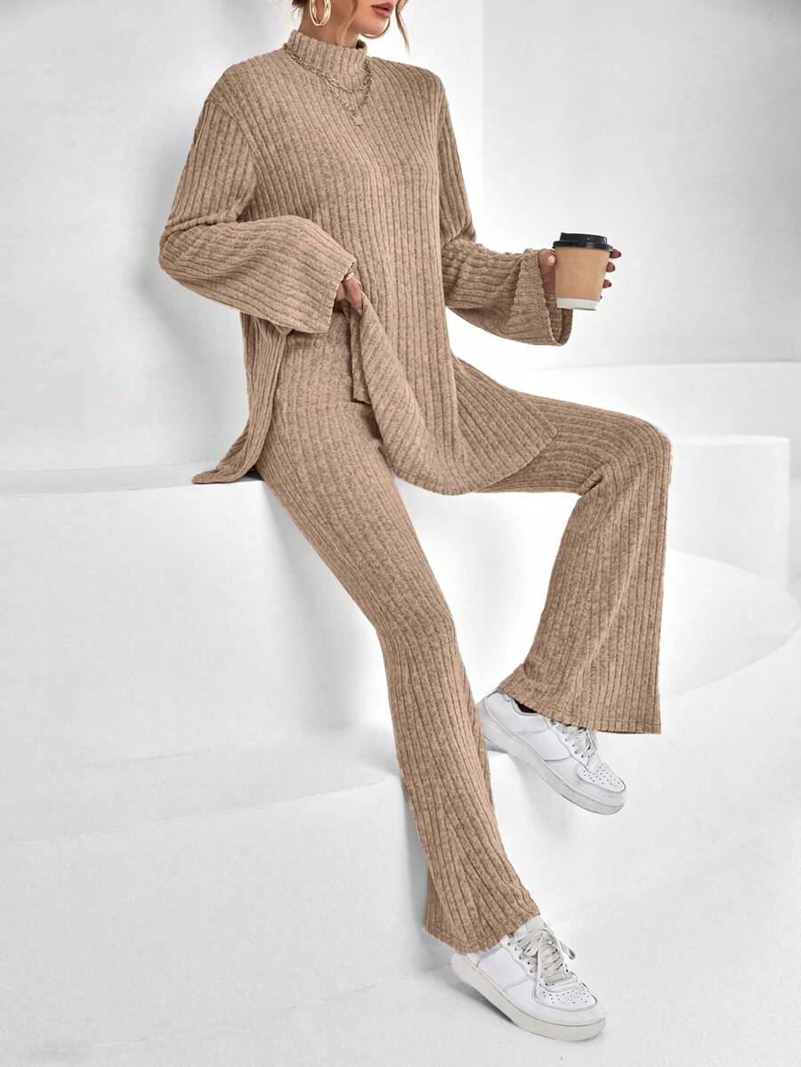 SHEIN Essnce Mock Neck Split Hem Tee & Flare Leg Pants - Camel - View 1