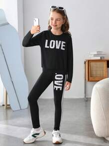 Tween Girl Letter Graphic Tee & Leggings - Black - View 4