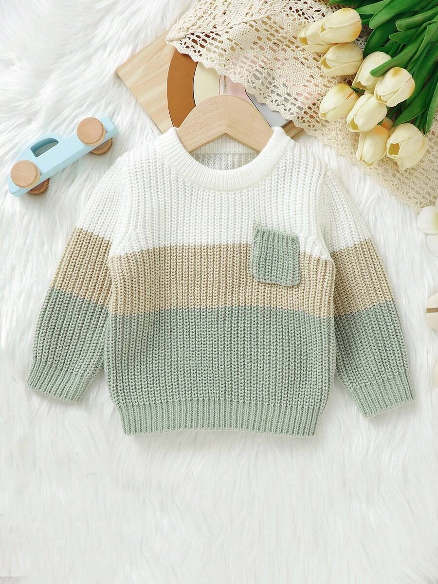 Đứa bé trai Khối màu Đã vá Túi Áo len - màu xanh lá - Xem 1