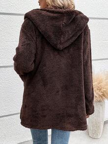 SHEIN LUNE 雙口袋連帽絨毛外套 - 咖啡棕 - 查看 2