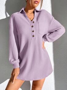 SHEIN Essnce Vestido tejido waffle con botón de hombros caídos con parche de bolsillo - Púrpura malva - Ver 1