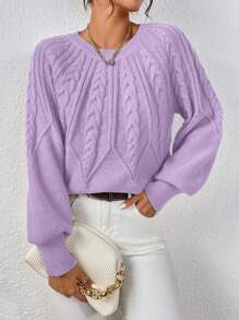 EMERY ROSE Cable Knit Lantern Sleeve Knit Pullover Fall Winter Sweater - Mauve Purple - View 3
