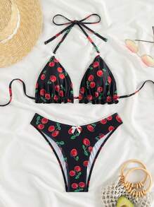 櫻桃圖案頸掛三角杯比基尼套裝