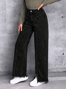 SHEIN EZwear 下擺開叉闊腿牛仔褲