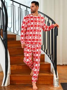 Hombres Conjunto de pijama con estampado de Navidad - Rojo - Ver 1