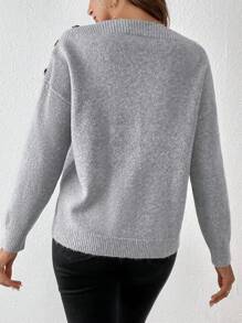 SHEIN Frenchy 紐扣細節落肩袖套頭毛衣 - 灰色 - 查看 2