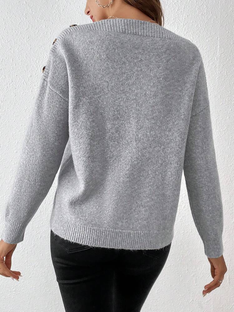 Button Detail Drop Shoulder Sweater Winter