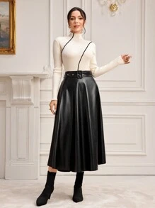 Modelyn 高腰腰帶PU皮革喇叭半身裙 - 黑色 - 查看 5
