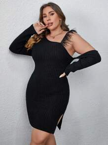 SHEIN Unity Plus Robe Pull Moulante À Col Asymétrique À Ourlet Duveteux Fendu - Noir - Voir 4