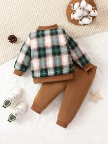Baby Boy Plaid Print Bomber Jacket & Sweatpants - Multicolor - View 2