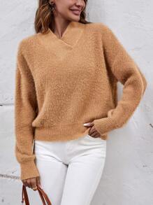 SHEIN LUNE Suéter de punto con cuello en V y hombros caídos, para otoño e invierno - Caqui - Ver 4