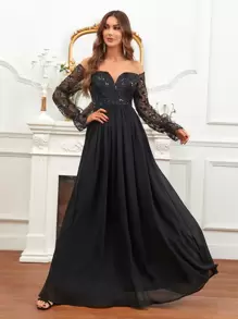 SHEIN Belle 一字肩亮片裝飾正式洋裝 - 黑色 - 查看 5