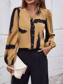 SHEIN Clasi Brush Print Lantern Sleeve Button Detail Blouse - Multicolor - View 4