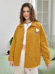 SHEIN EZwear Lá thư & Bản vá Gấu Thả vai Áo khoác vải nhung - Màu vàng - Xem 1