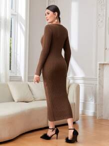 Modelyn Split Thigh Button Detail Ribbed Knit Sweater Dress Fall Cloth For Women - Coffee Brown - View 2