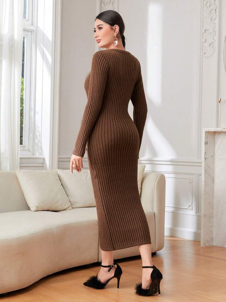 Split Thigh Button Detail Ribbed Knit Sweater Dress Fall Cloth For Women