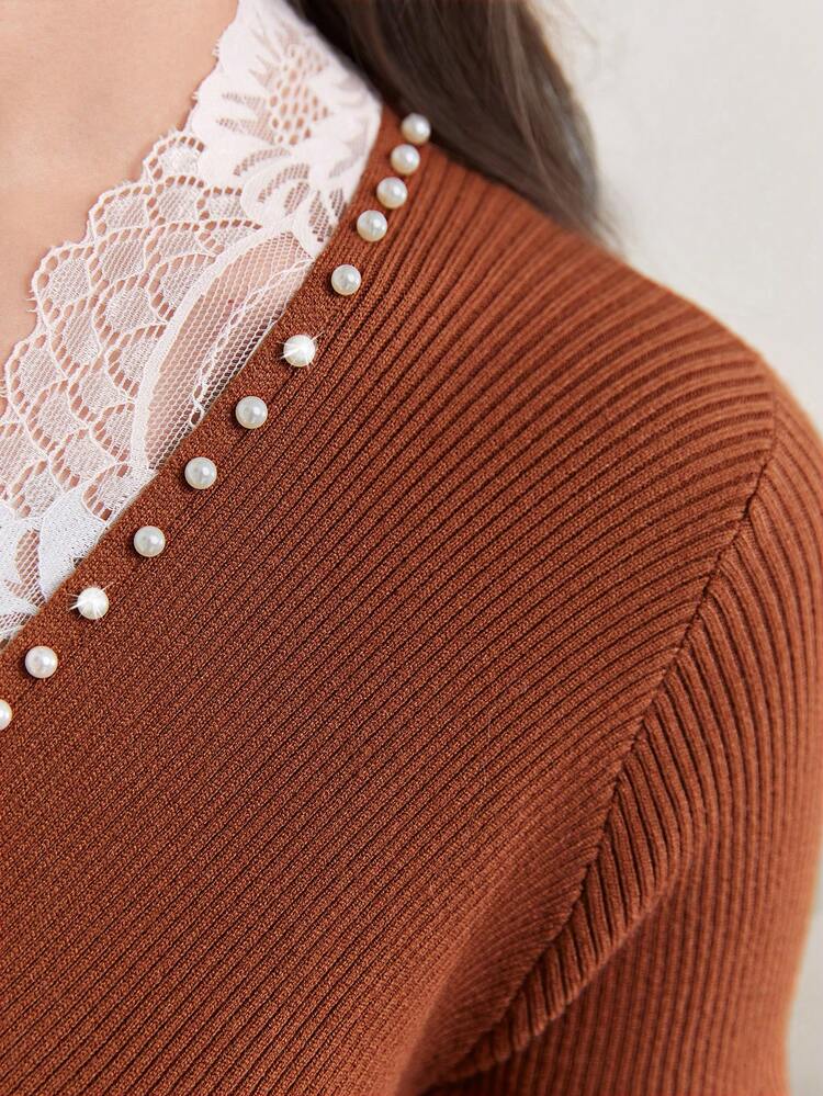 Contrast Lace Trim Surplice Neck Bodycon Sweater Dress Fall Cloth For Women