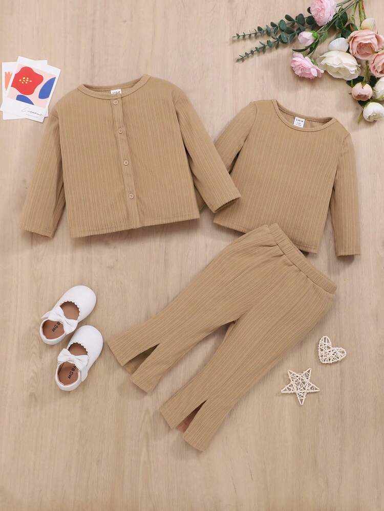 Baby Girl Solid Tee & Split Hem Pants & Button Placket Coat