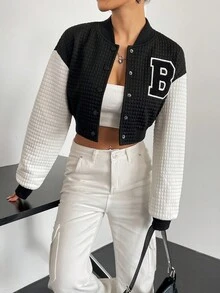 SHEIN Unity Thư được vá Khối màu Thả vai Mùa vụ Áo khoác Đại học - Đen và trắng - Xem 6