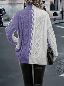 SHEIN LUNE Two Tone High Neck Cable Knit Drop Shoulder Sweater - Mauve Purple - View 2