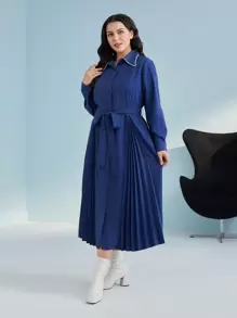 Mulvari 大碼素色腰帶襯衫洋裝 - 藏蓝色 - 查看 5