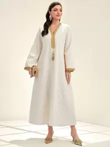 Al Najma Contrast Trim Tassel Detail Dress, Modest - Apricot - View 1