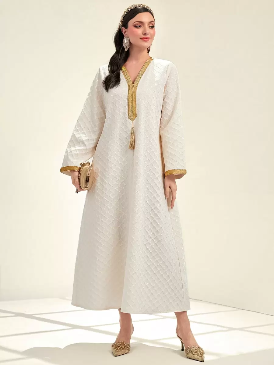 Al Najma Contrast Trim Tassel Detail Dress, Modest - Apricot - View 1