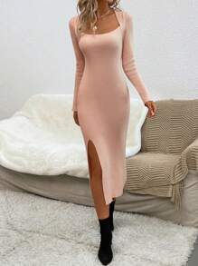 SHEIN Essnce Scoop Neck Split Thigh Sweater Dress - Pink - View 6