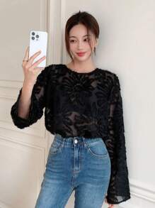 DAZY Solid Sheer Mesh Blouse Without Bra Going Out Tops,Back To School Clothes,Fall Women Clothes Long Sleeve Top - Black - View 4