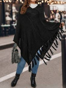 SHEIN LUNE 大碼流蘇邊蝙蝠袖不對稱下擺斗篷毛衣 - 黑色 - 查看 4