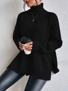 SHEIN Clasi Turtleneck Drop Shoulder Split Hem Knit Pullover Fall Winter Sweater - Black - View 5