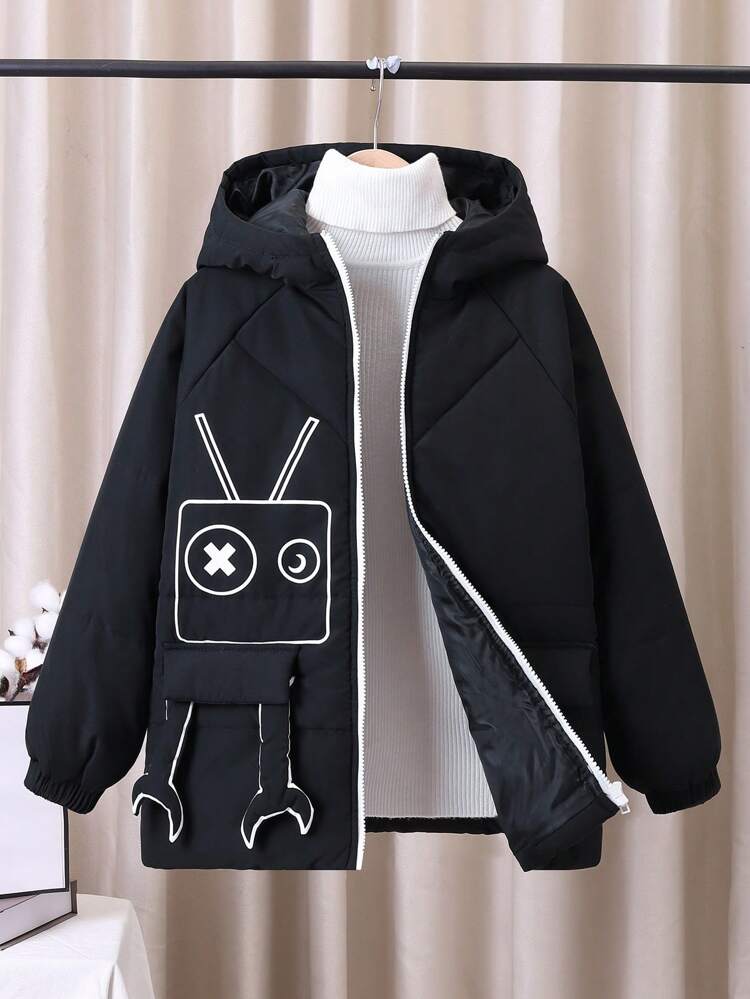 Tween Boy 1pc Cartoon Graphic Flap Detail Zipper Hooded Padded Coat