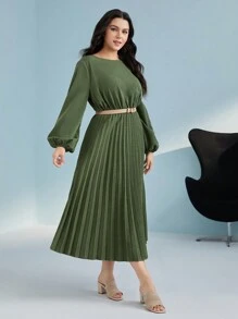 Mulvari Plus Lantern Sleeve Pleated Hem Dress Without Belt