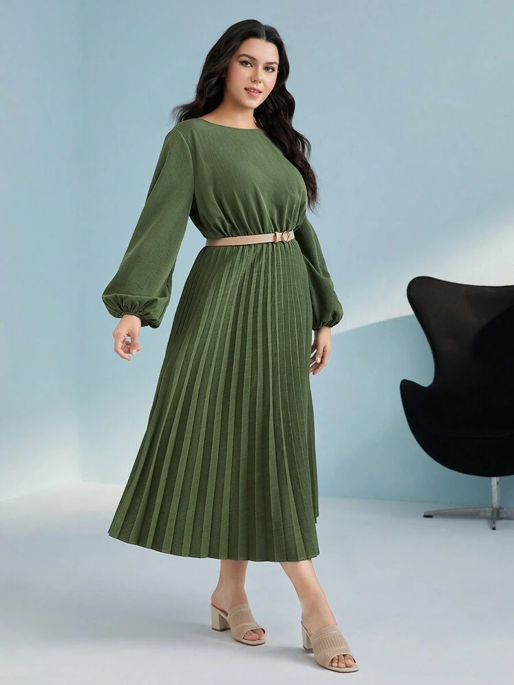 Plus Lantern Sleeve Pleated Hem Dress Without Belt