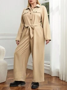 SHEIN Essnce 大碼翻蓋細節腰帶襯衫連體褲