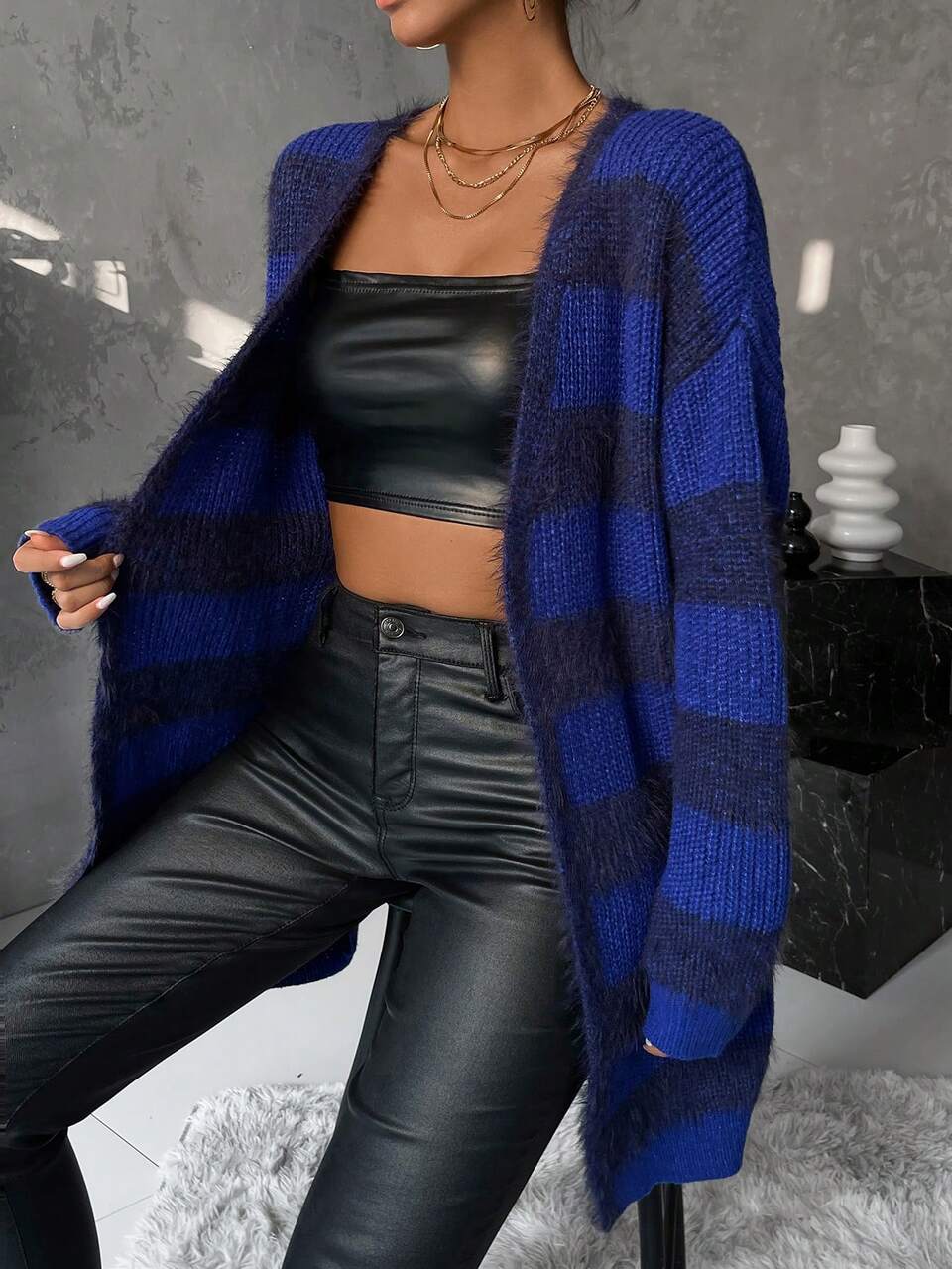 Striped Pattern Drop Shoulder Fuzzy Duster Cardigan Without Belt
