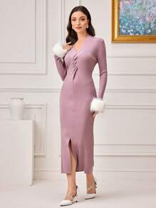 Modelyn Fuzzy Cuff Twist Front Split Thigh Sweater Dress - Dusty Pink - View 1