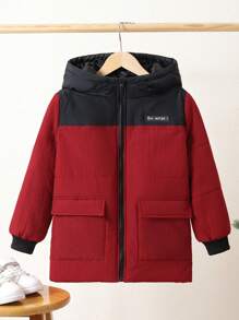 Tween Boy 双色字母拼接连帽棉服外套 - 酒紅色 - 查看 5