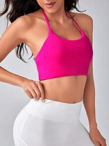 SHEIN Yoga Sxy Chất rắn Thánh giá Không lưng Bras thể thao - Màu Hồng Tươi - Xem 2