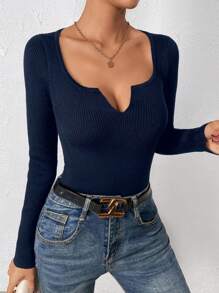 SHEIN LUNE 缺口領條紋針織套頭毛衣 - 藏蓝色 - 查看 5