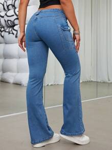 SHEIN ICON 側翻蓋口袋牛仔喇叭褲 - 中等水洗藍 - 查看 2