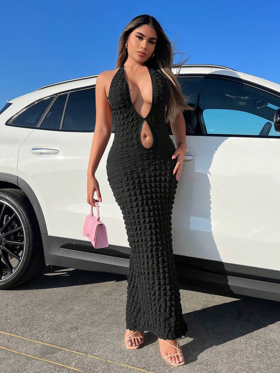 SHEIN SXY Vestido con abertura de espalda abierta con cordón de cuello halter - Negro - Ver 1