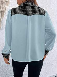 Celure Plus Contrast Plaid Print Flap Pocket Blouse - Blue - View 2